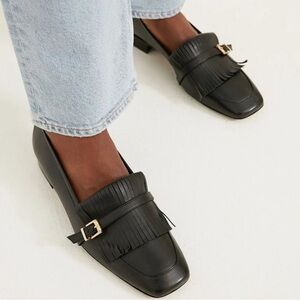 Tuckernuck Lily Kiltie Loafers Black Leather Fringe Buckle Square Toe shoes